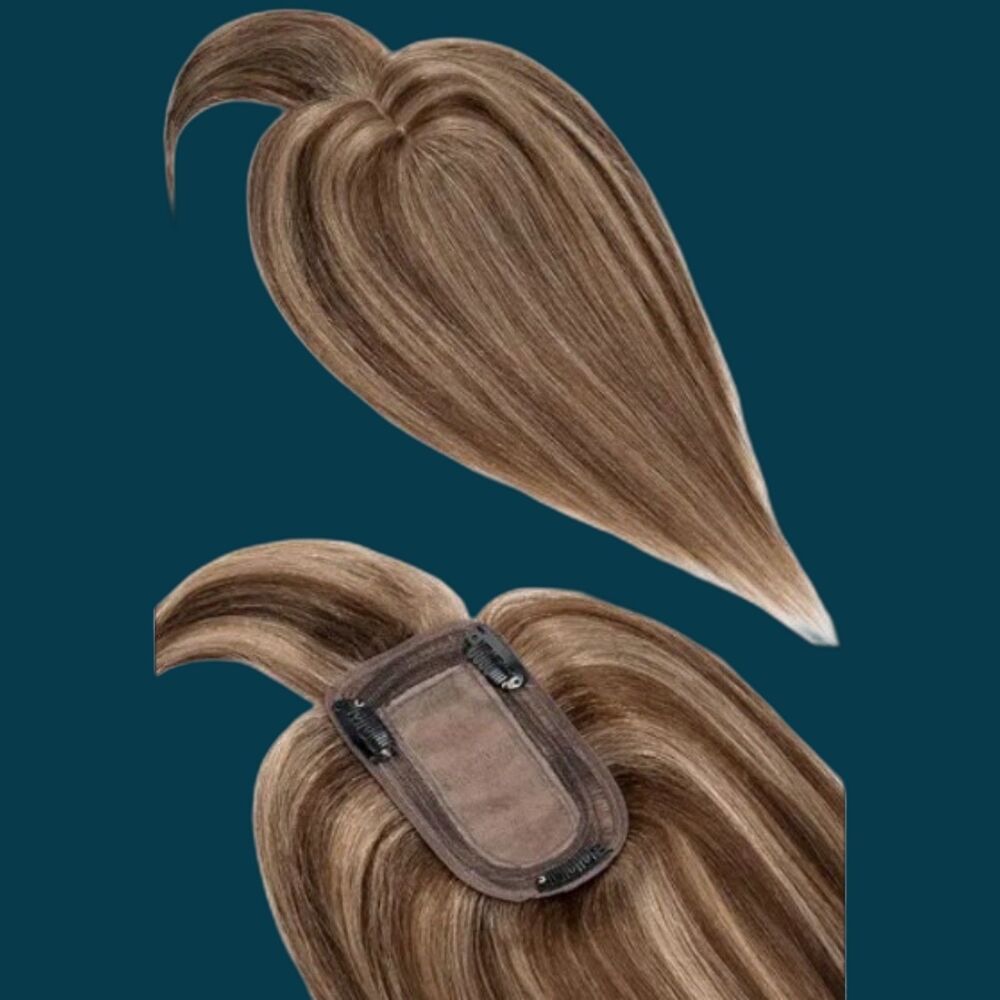 Rich Choices Human Hair Topper W/ Bangs Clip In 6" Med Brown Highlight Blonde
